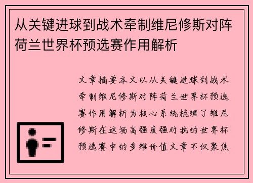 从关键进球到战术牵制维尼修斯对阵荷兰世界杯预选赛作用解析